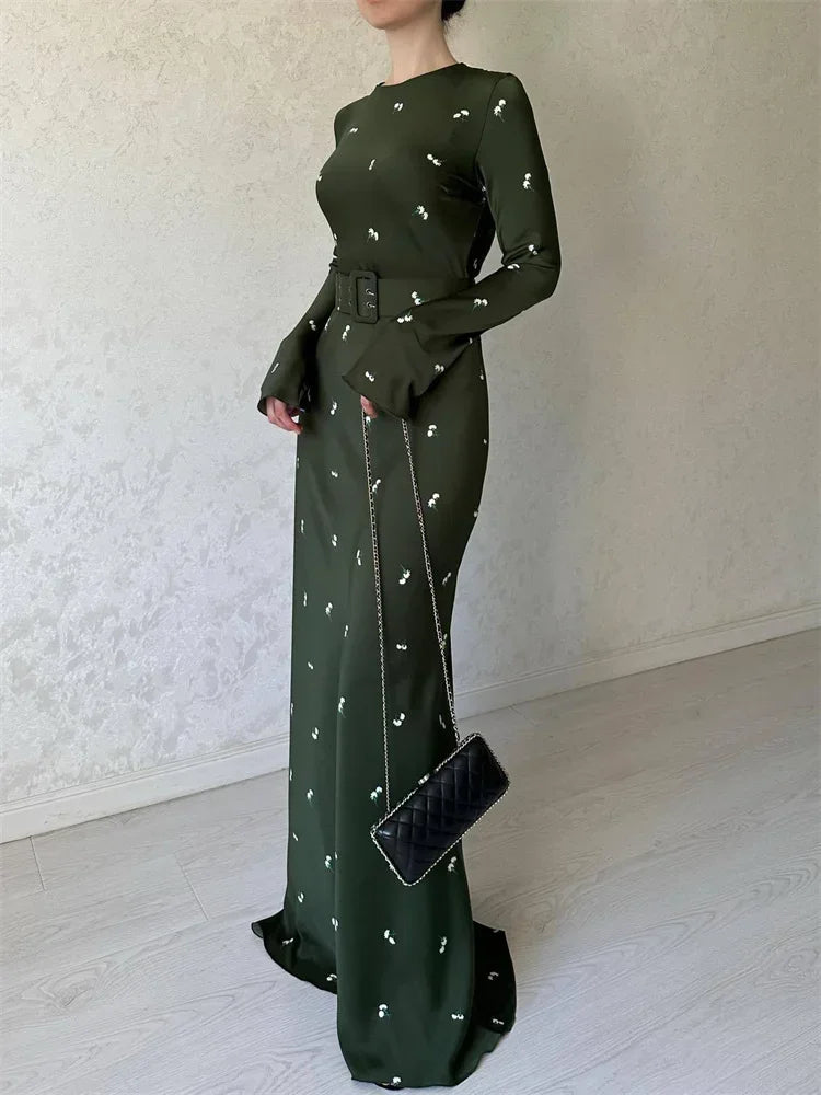 High Waist Long Dress Long Sleeve Slim Ruffled Patchwork Party Dress Printed Maxi Dress