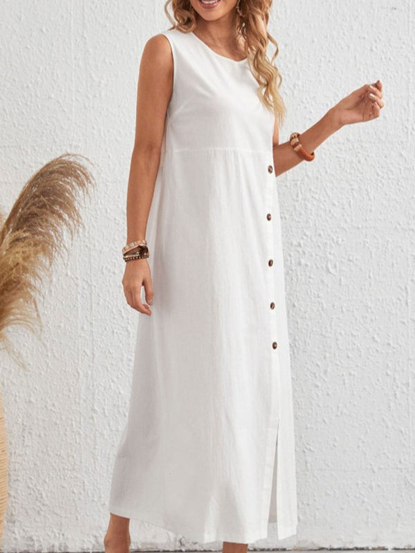 Loose Sleeveless Asymmetric Buttoned Split-front Split-joint Round-neck Midi Dresses