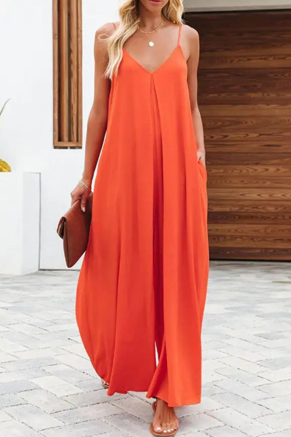 Color Side Pocket Wide-leg Suspender Jumpsuit