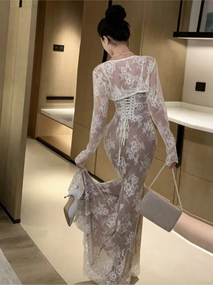 Bodycon Lace Long Dresses for Wedding Party Dress Spaghetti Strap With Smock French Evening Maxi Vestidos New