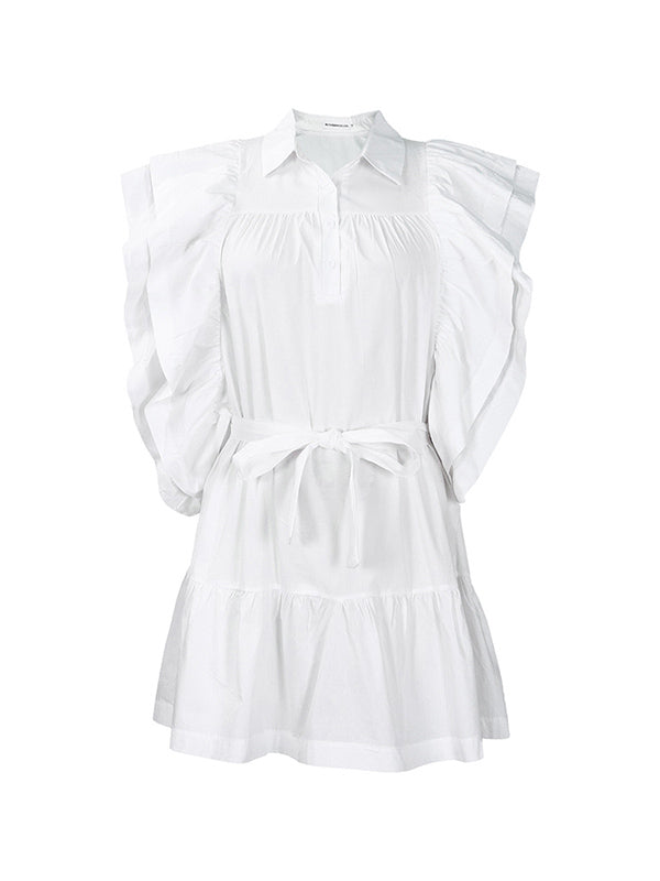 A-line High Waisted Buttoned Pleated Ruffled Color Tied Waist Lapel Mini Dresses
