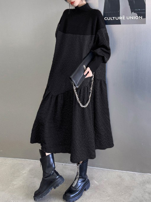 A-line Long Sleeves Asymmetric Color Split-joint High-neck Midi Dresses Sweater Dresses