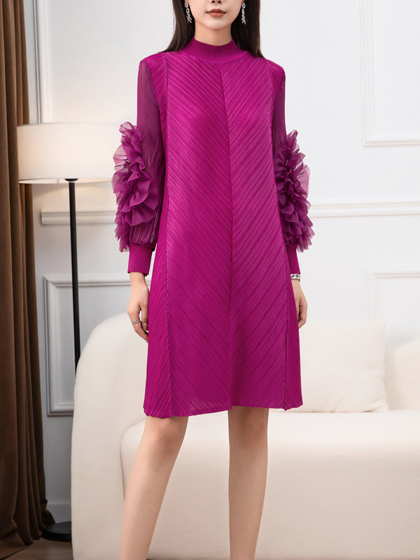Long Sleeves Loose Embroidered Pleated Color Round-neck Midi Dresses