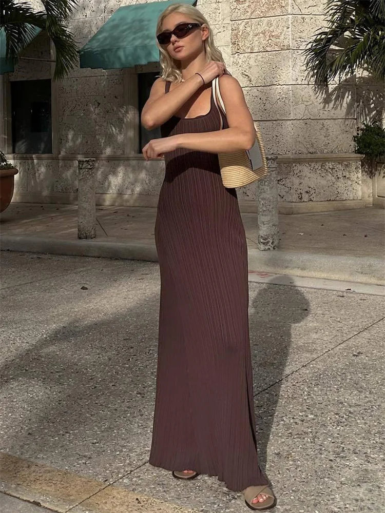 Knit Ribbed Slim Maxi Dress Female Backless Scoop Neck Party Looks Long Dress Patchwork Knitwear Dress