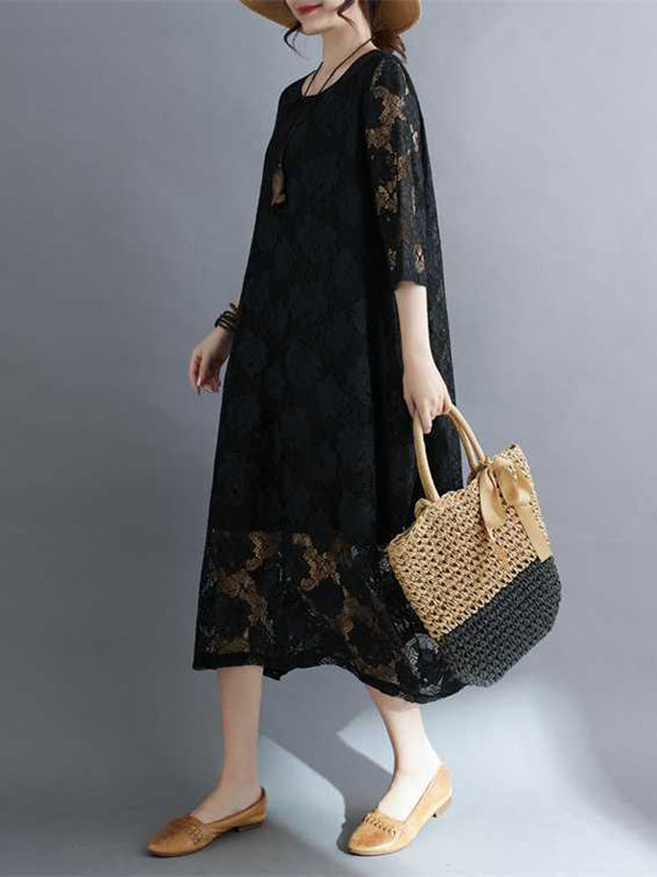 Half Sleeves Loose Hollow Color Round-neck Midi Dresses