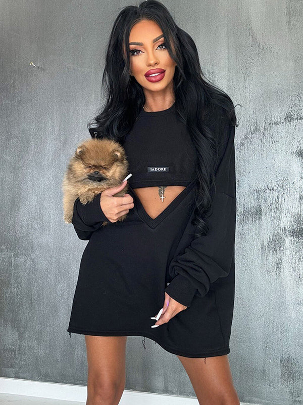 Loose Color Round-neck Mini Dresses & Vest Top Two Pieces Set