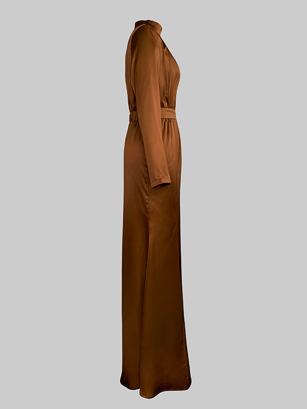 Long Sleeves Loose Pleated Shiny Color Split-joint Tied Waist High Neck Evening Dresses Maxi Dresses