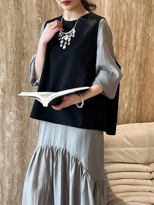 High Waisted Long Sleeves Elasticity Pleated Color Split-joint Zipper V-neck Midi Dresses