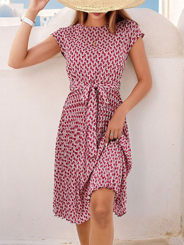 Loose Raglan Sleeve Printed Tied Waist Round-neck Midi Dresses