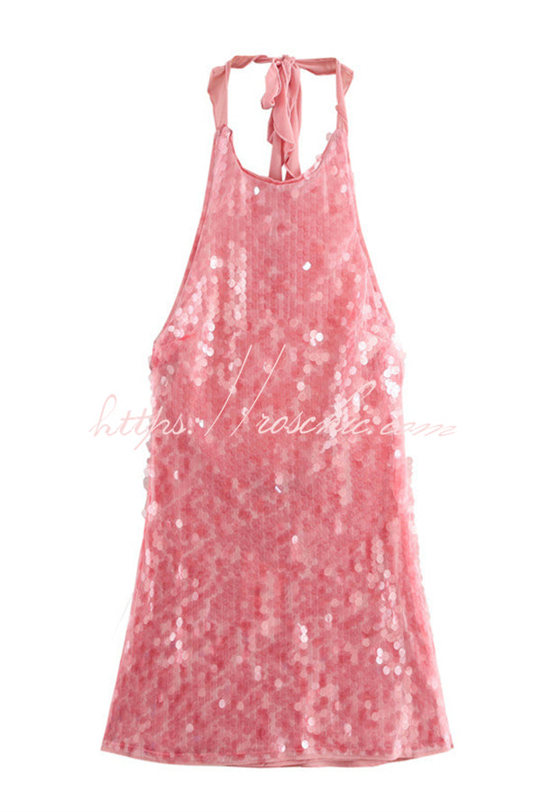 Rose Disc Sequin Halter Backless Mini Dress