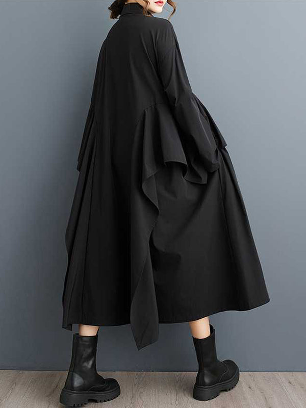 A-line Long Sleeves Buttoned Pockets Ruffle Trim Color Lapel Midi Dresses