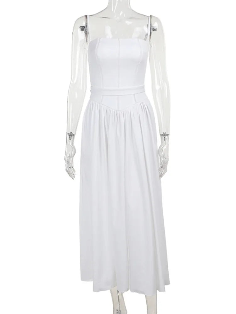 White Sundress Spaghetti Strap Backless Midi Dress for Sleeveless A-line Loose Long Dress New