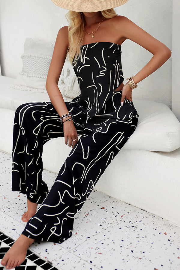 Fun Printed Off the Shoulder Top and Elastic Waist Pocket Pants Set
