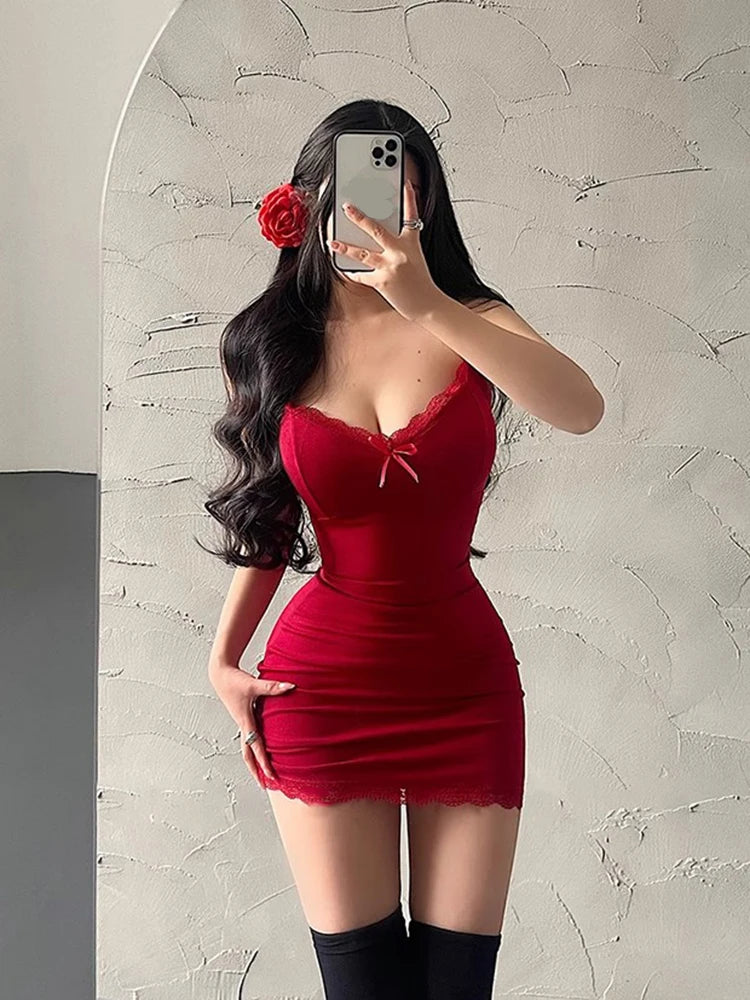 Summer Mini Dress Lace Red Camisole Sundress Sleeveless V-neck Basic Bodycon Dresses Lady Club Party Y2k Clothes