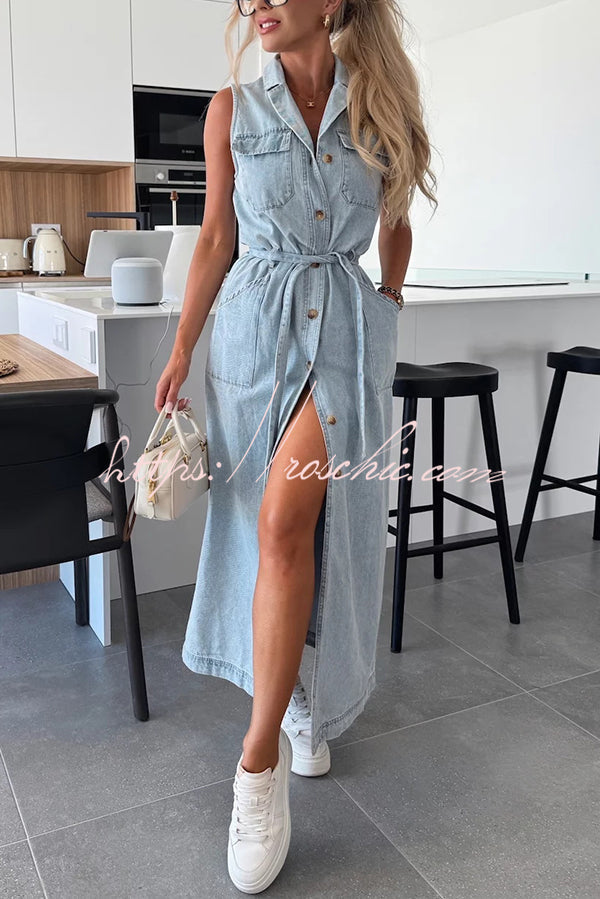 Color Sleeveless Single Breasted Waist Tie Pocket Denim Midi Dress