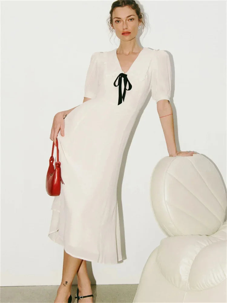 Ruffled White Long Dress ’s V-neck Lace-up Short Sleeve High Waist Patchwork Party Dress Maxi Dress