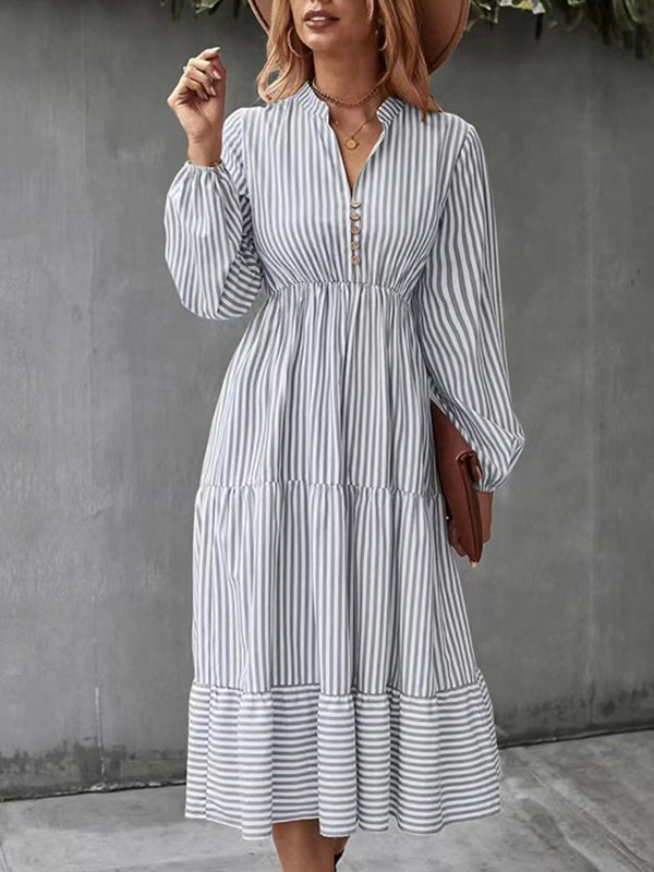 Loose Puff Sleeves Pleated Split-joint Striped V-neck Midi Dresses Shirt Dress