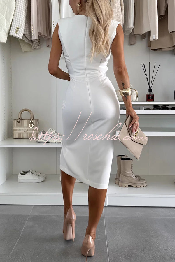 Charming Lady Color Round Neck Sleeveless Waisted Slit Stretch Midi Dress