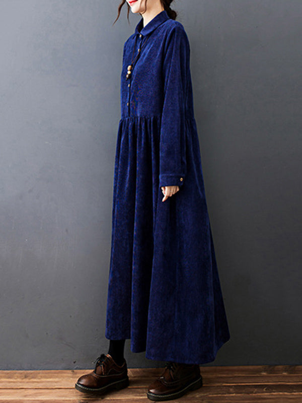 Split-joint Color Long Sleeves Lapel A-line Corduroy Midi Dress