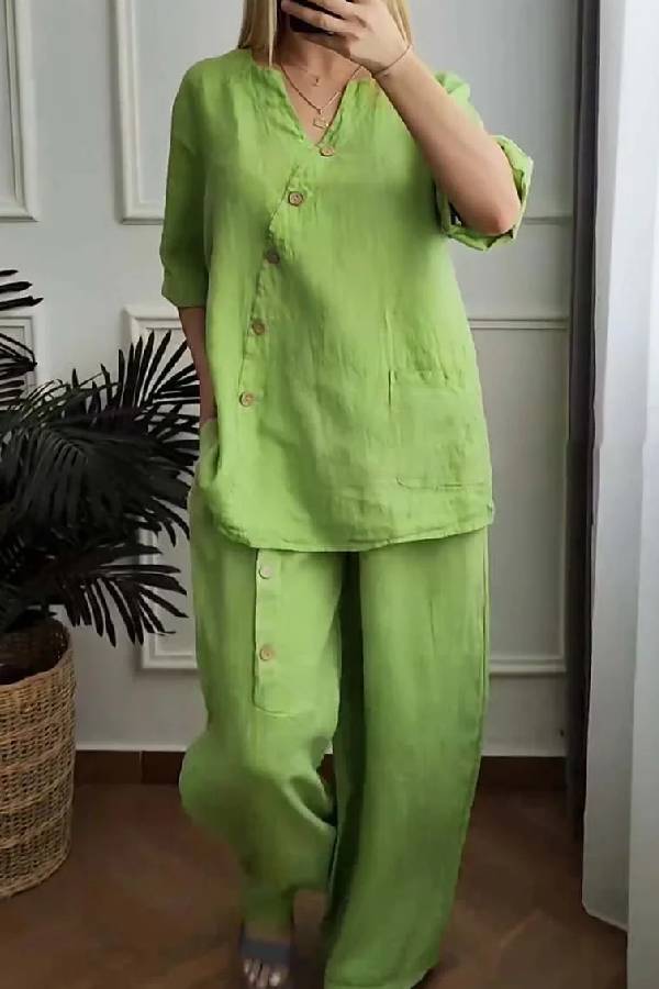 Color Cotton and Linen Cropped Top & Wide Leg Pants Two-piece Set