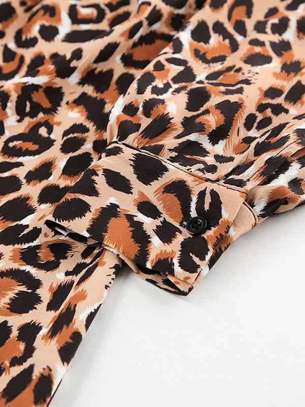 Loose Puff Sleeves Leopard Pleated Printed Split-joint Peter Pan Collar Mini Dresses Shirt Dress