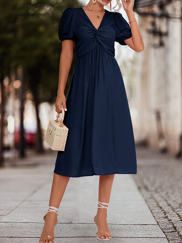 A-line High Waisted Elasticity Knot Pleated Color Split-joint V-neck Midi Dresses