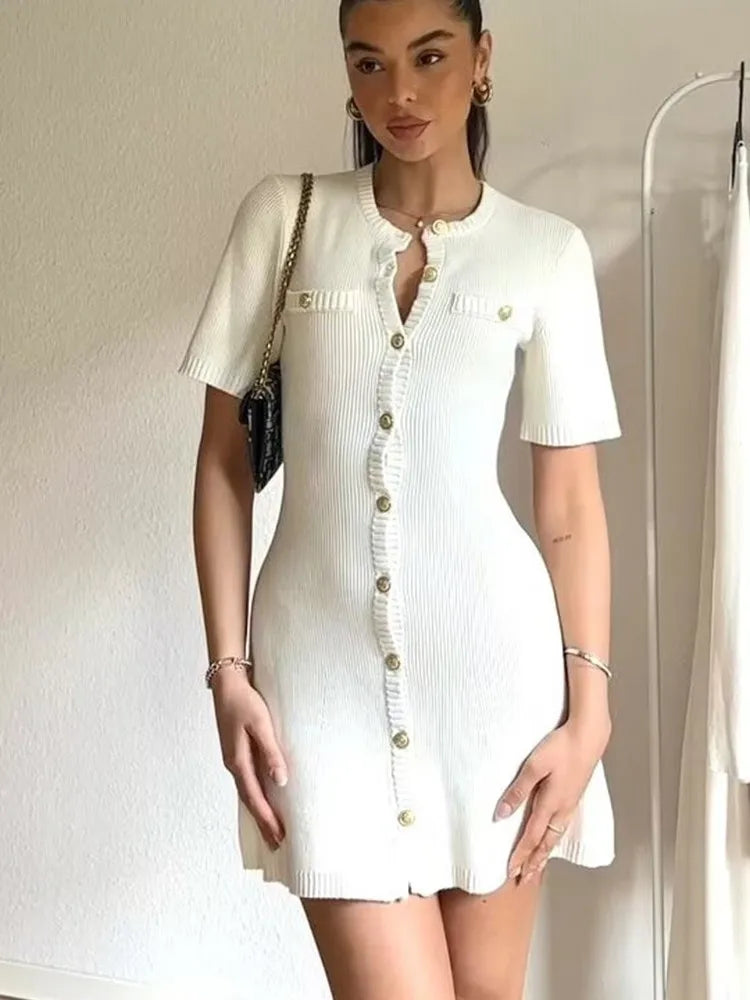 Color Knitted Mini Dress for Metal Button Slim Rib Sweater Dress Holiday Party Outfits Spring New