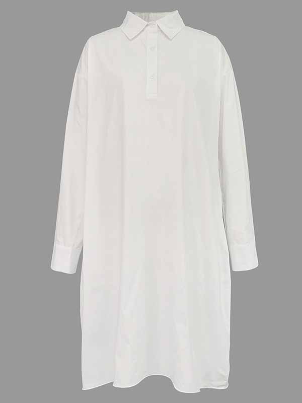 Long Sleeves Loose Pleated Color Split-joint Lapel Midi Dresses Shirt Dress