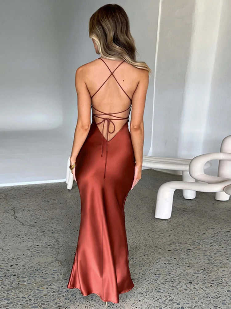 Satin Backless Maxi Dress for Autumn New Spaghetti Strap Sleeveless Bodycon Long Dress Vestido Clubwear