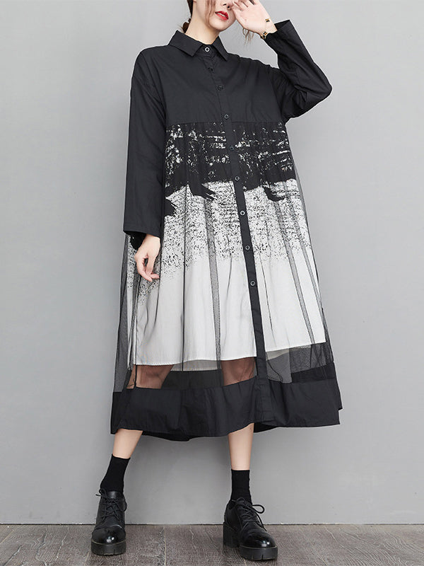 A-line Long Sleeves Buttoned Gauze Printed Split-joint Lapel Midi Dresses