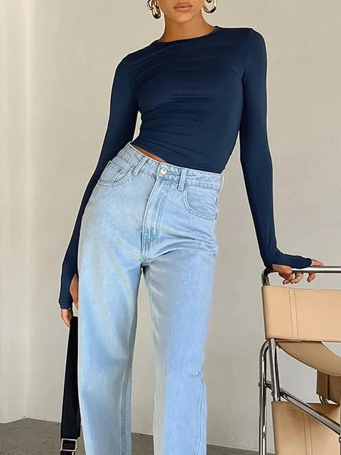 T-shirt Long Sleeve Crew Neck Slim Fit Crop Top With Thumb Holes for Daily Summer Camis
