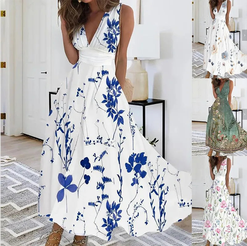 Summer Flower Printed Sleeveless Long Dresses V-neck Lady Party A-line Dress Maxi Evening Vestidos New