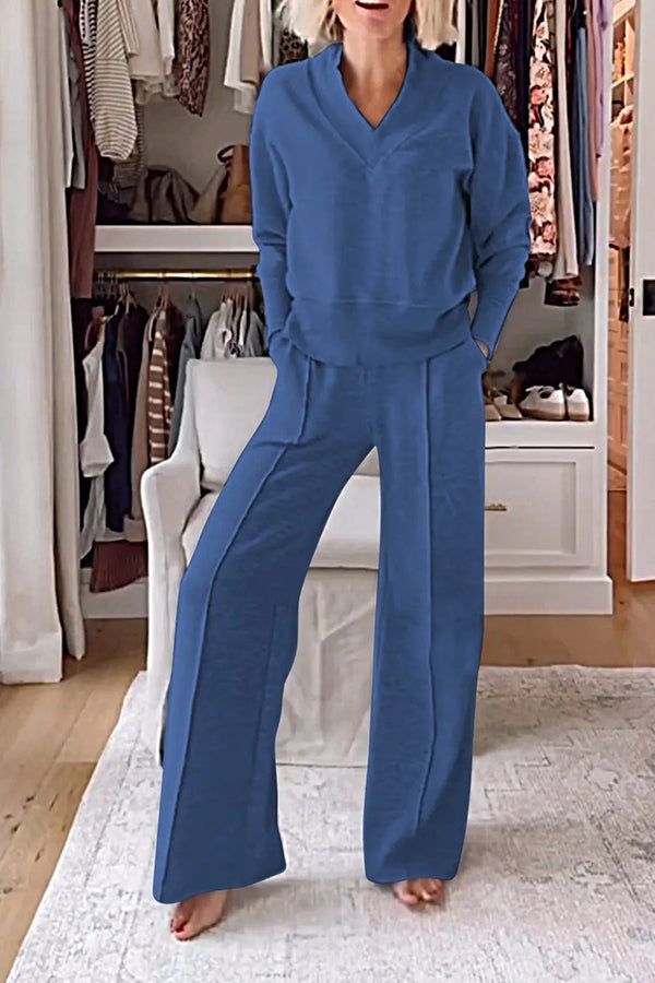 Weather Gets Cold Color V-neck Top and Elastic Waist Pocketed Lounge Pants Set