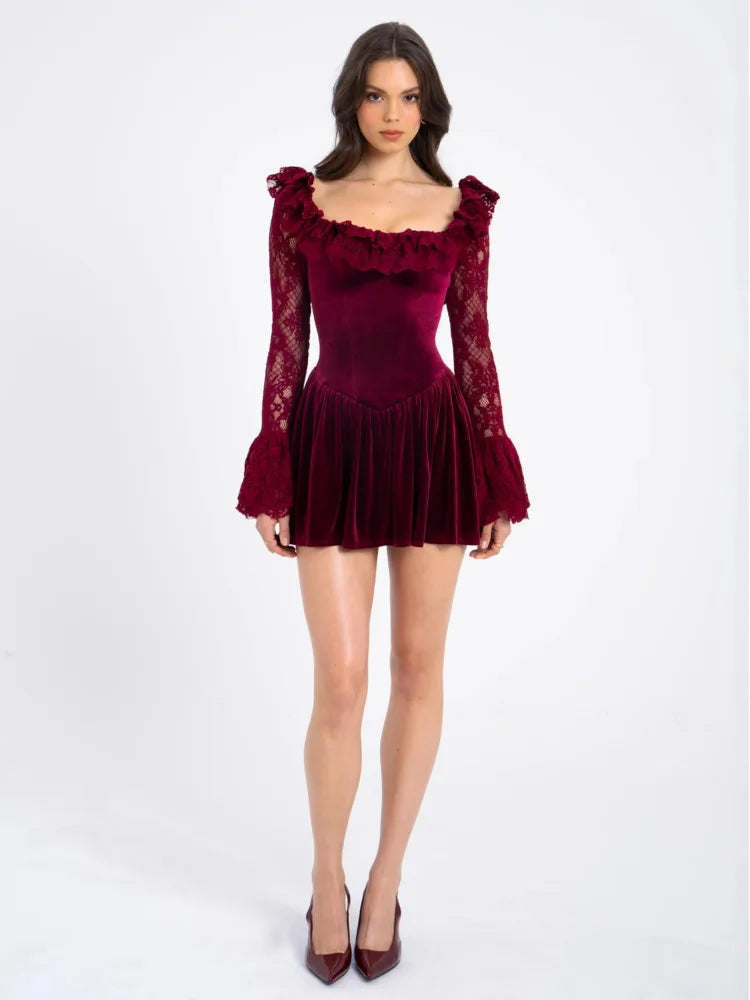 Julissa Mo Patchwork Flare Sleeve Lace Mini Dress See Through High Waist Dress Female Winter New Party Outfit