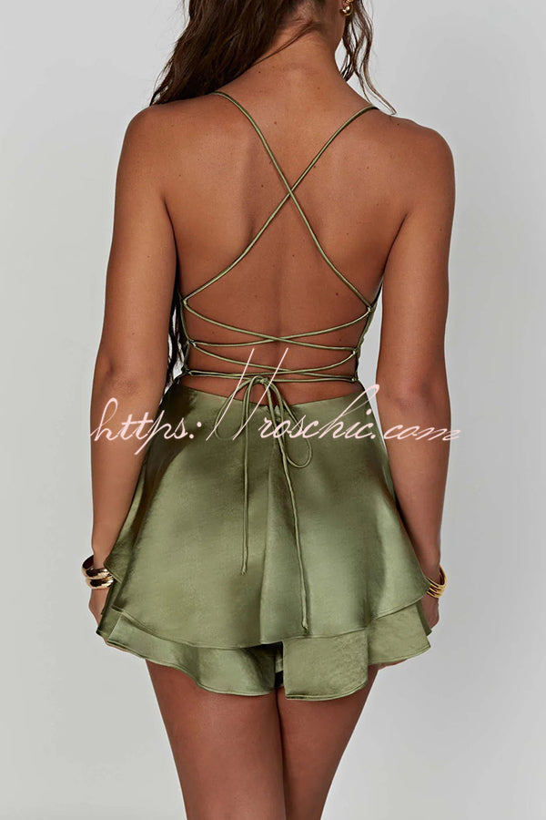 Ruffled Satin Strappy Satin Backless Lace Up Mini Dress