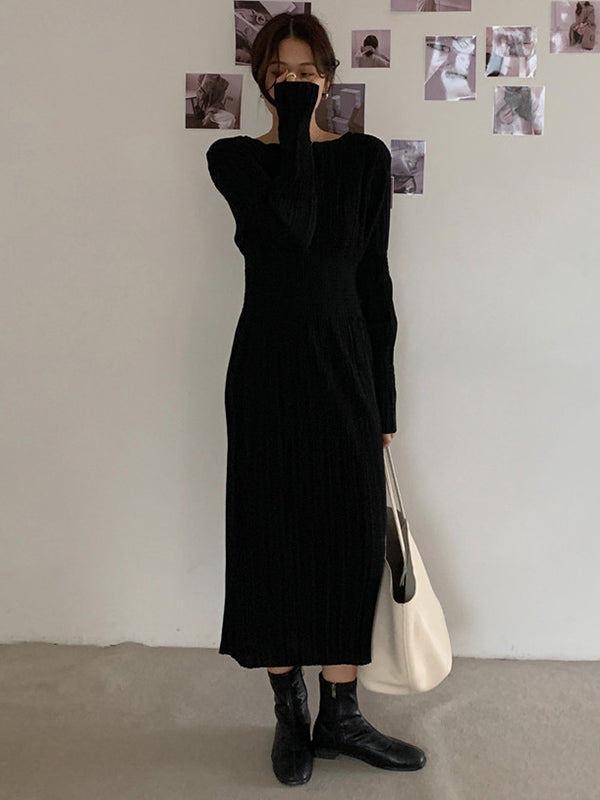 Simple Long Sleeves Black Split-joint Elasticity Waist Pleated Midi Dress