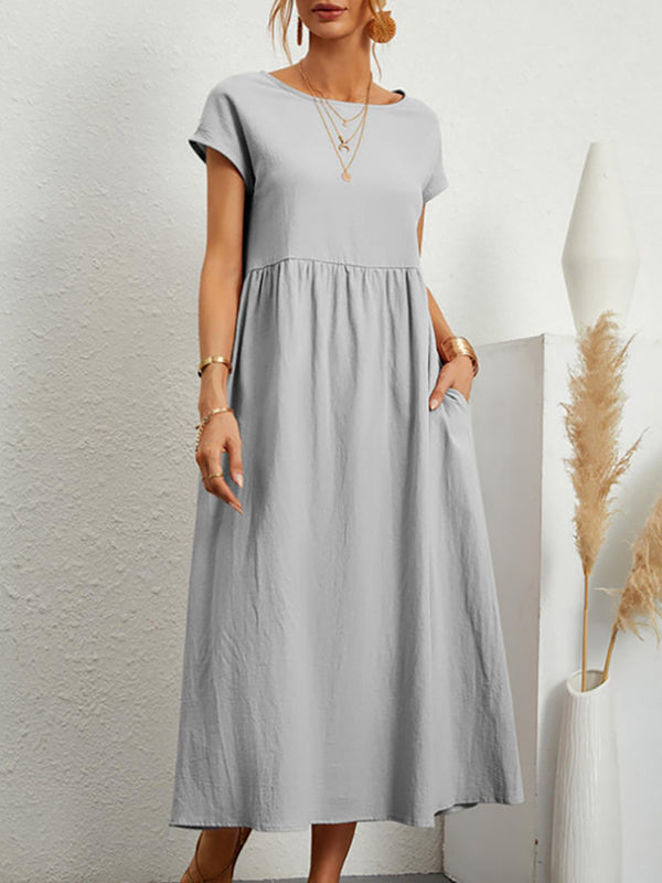 Loose Short Sleeves Pleated Color Round-neck Midi Dresses