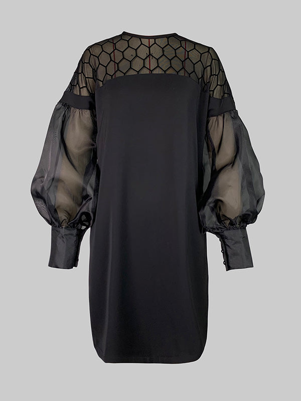 Long Sleeves Loose Hollow Color Split-joint Round-neck Mini Dresses