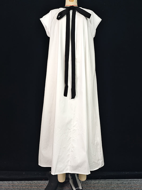 A-line Loose Pleated Tied Round-neck Midi Dresses