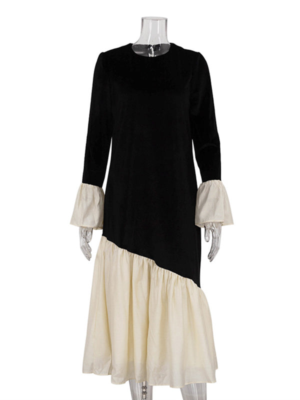 Flared Sleeves Long Sleeves Contrast Color Pleated Split-joint Round-neck Midi Dresses