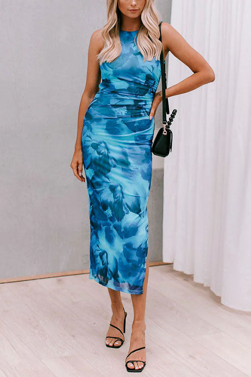 Side Slit Sleeveless Print Bodycon Midi Dress
