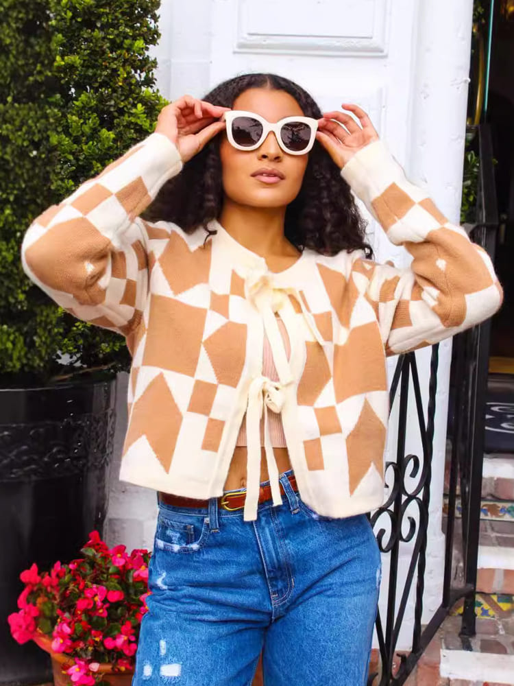Geometric Print Lace-up Cardigan Sweater