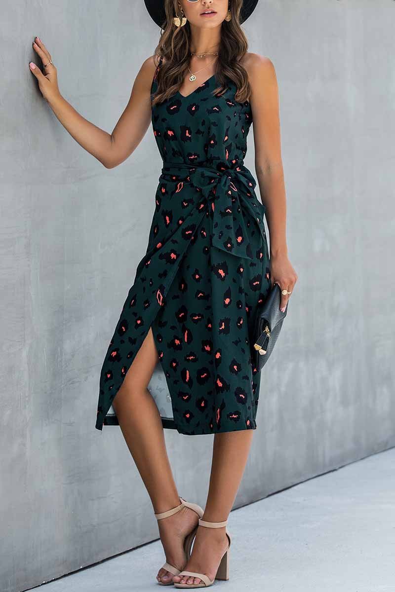 V Neck Print Midi Dress With Belts(4 Colors)