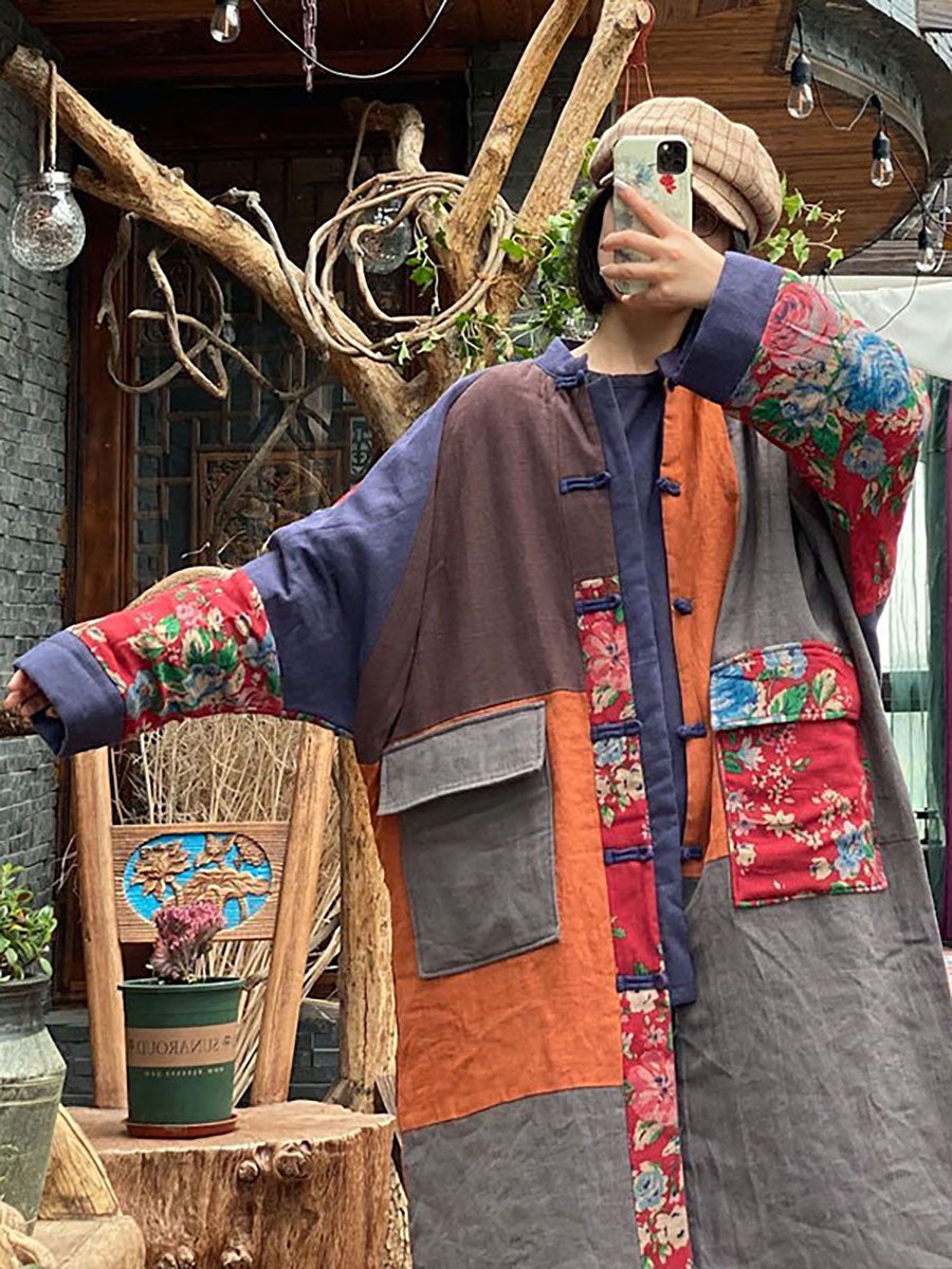 100% Cotton Stand Collar Patchwork Long Coat Qu014