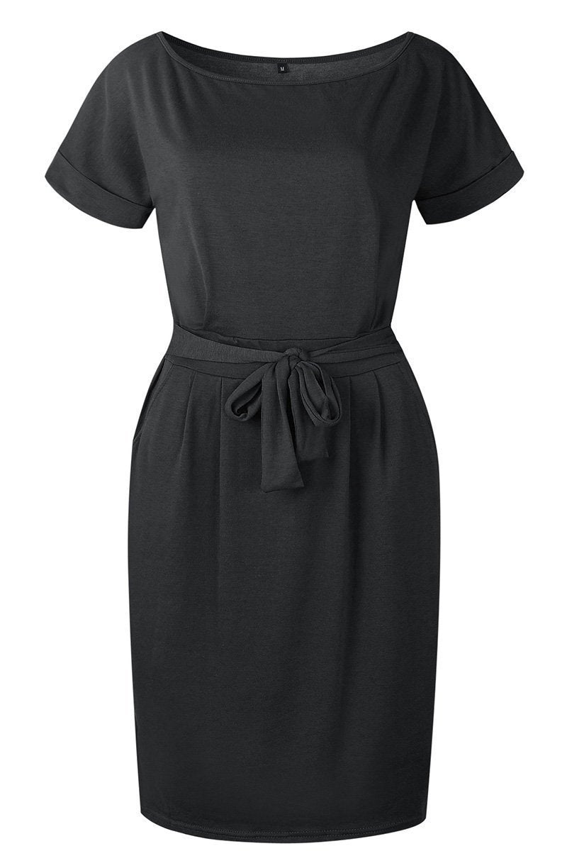 O Neck Midi Dress With Belt