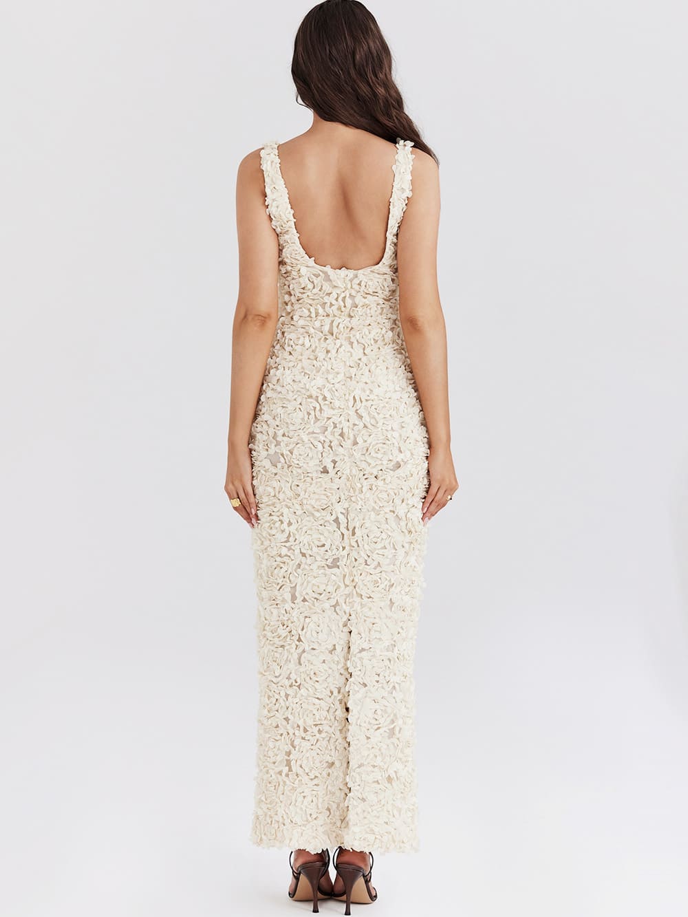 Creme Plunge Appliqué Maxi Dress-carena