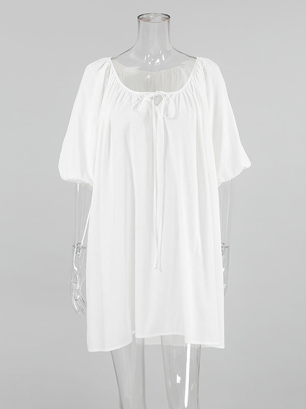Loose Puff Sleeves Lace-up Pleated See-through Color V-neck Mini Dresses Sleep Dress