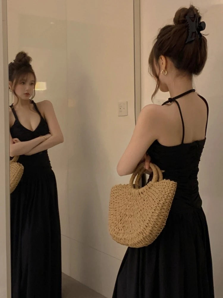 Halter Long Dresses for Slim A-line Holiday Beach Dress Sleeveless V-neck Korean New Spring Summer Clothing