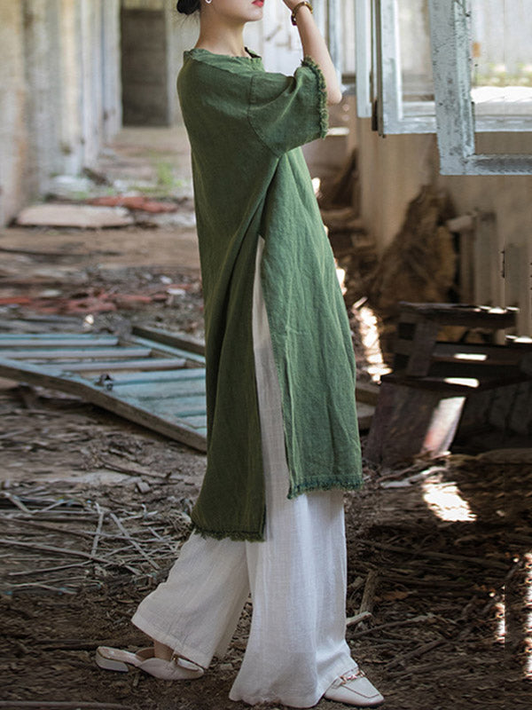 Half Sleeves High-low Fringed Color Split-joint Split-side Round-neck Midi Dresses