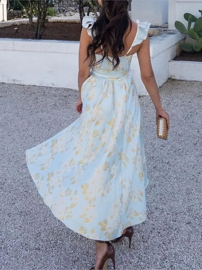 Flowers Print Sleeveless Long Dresses Low Cut Backless Bowknot Leace-up Slit Dress Temperament Lady Vestidos New